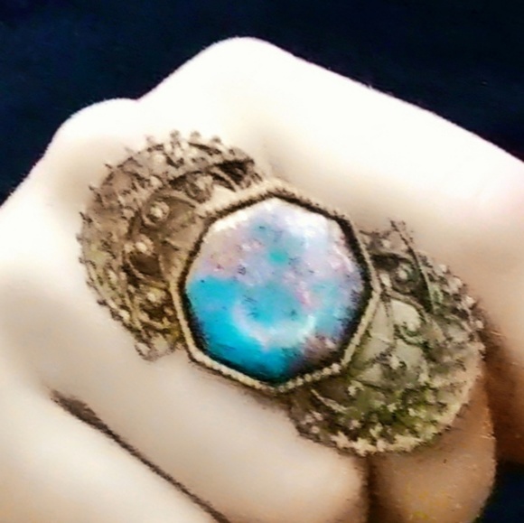 Vintage Victorian XL Brass & Turquoise Ring - Picture 2 of 7